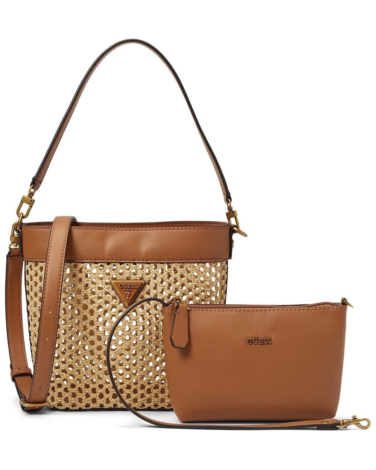 Guess Vikky Cognac Tote Bag for Women — Luxury Textile Designer Handbag.